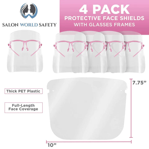 Pack Of 4 Pink Frame Face Shields With Ultra Clear Full Face Protection, Anti Fog PET Plastic Goggles, size 7.75x10 inches.