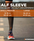Person wearing a calf sleeve for pain relief and recovery, sizing chart displayed, breathable charcoal fabric for muscle fatigue and shin splints.