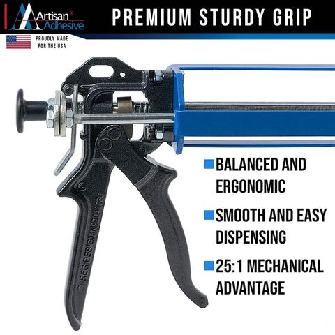 Heavy Duty All Metal Adhesive Dispenser Gun For 250mL Cartridges, ergonomic grip featuring 25:1 mechanical advantage