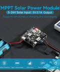 MPPT Solar Charge Controller with 65W PD QC Fast Charge, connected to solar panel and battery, showing Type C fast charging