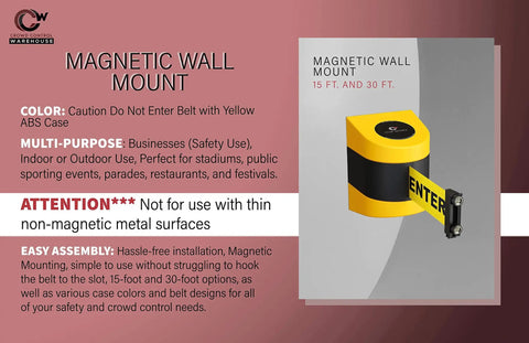 Magnetic Wall Mount Retractable Belt Barrier For Crowd Control In Tight Spaces No Fuss Setup 15 Foot Belt on yellow ABS case