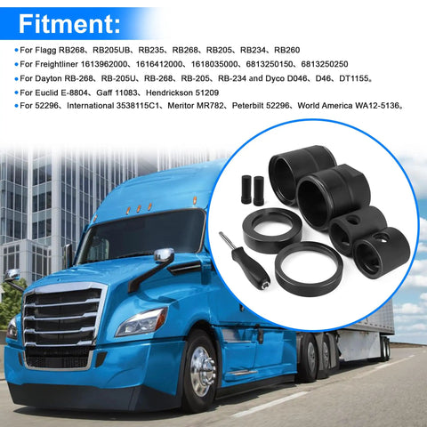 Pin And Bushing Adapter Service Kit 15030 For Heavy Duty Trucks And Equipment with round pins, bushings, and a tool.