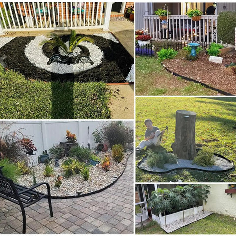 Collage showcasing Extra Tall 4 Inch Lawn Edging Kit, 33 Ft Flexible Garden Border With 50 Stakes used in varied landscaping