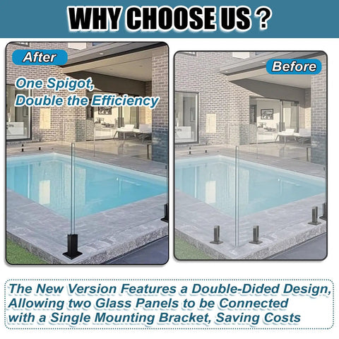 Top Shelf 8 Pc Square Glass Rail Clamps For 8 To 12 Mm Panels 304 Stainless Steel installed by poolside showing efficiency comparison.