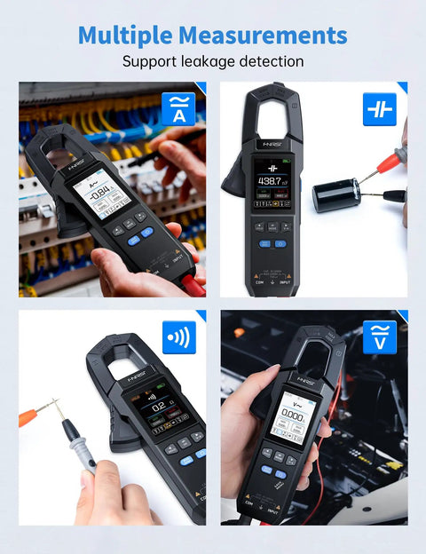 Beast Precision Digital Clamp Meter 600A TRMS with 9999 Counts in use demonstrating various measurements and features.