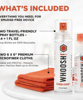 Front view of WHOOSH! Screen Shine Duo XL cleaner with 3.4 oz and 1 oz spray bottles and two orange microfiber cloths.