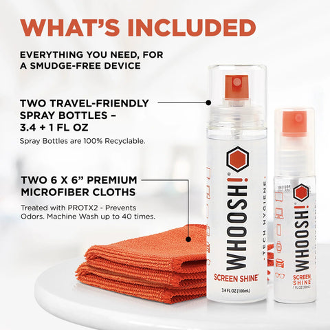 Front view of WHOOSH! Screen Shine Duo XL cleaner with 3.4 oz and 1 oz spray bottles and two orange microfiber cloths.