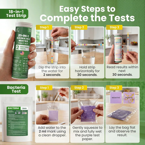 Easy steps to use Comprehensive Drinking Water Test Kit With 120 Strips And Two Bacteria Checks For Tap Wells, showing test process.