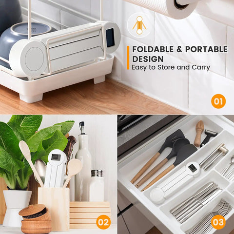 Folding Digital Kitchen Scale Highly Accurate Compact Food Scale With LCD Display placed in a kitchen drawer.