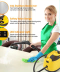Heavy Duty Handheld Steam Cleaner For Spotless Home Cleaning Powers Through Stubborn Kitchen Grease Tile Scuffs And Carpet Stains Gets The Job Done Without Breaking A Sweat, showing a user cleaning a table.
