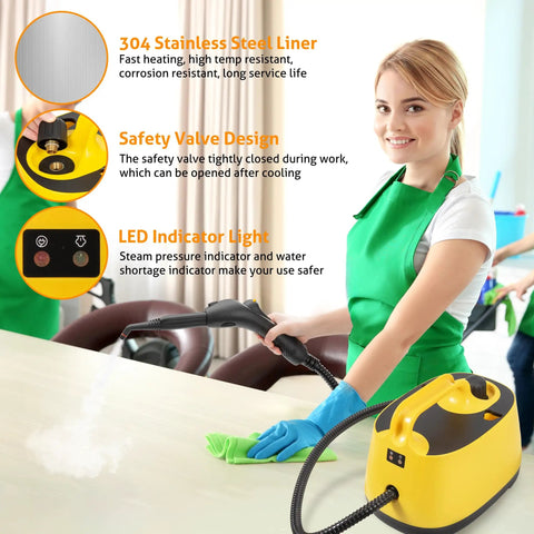 Heavy Duty Handheld Steam Cleaner For Spotless Home Cleaning Powers Through Stubborn Kitchen Grease Tile Scuffs And Carpet Stains Gets The Job Done Without Breaking A Sweat, showing a user cleaning a table.