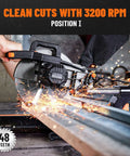 Side view of DOVAMAN 10-inch sliding miter saw cutting metal; orange accents; 48-teeth blade badge