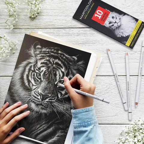 White Charcoal Pencils Set, 10 Pcs For Dark Paper Sketching, Shading, Blending And Highlighting in use on tiger drawing