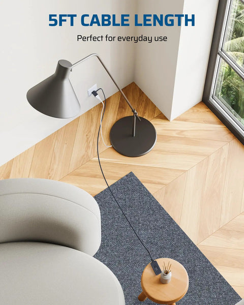 Plug In Dimmer Switch For Lamps With Full Range Slide Control Dimmable LED CFL And Incandescent Compatibility 5ft Extension Cord Black Easy Inline Lamp Dimmer For Home And Cozy Lighting connected to lamp on wooden floor