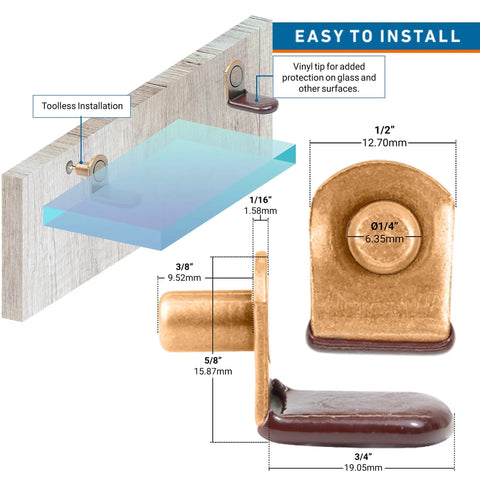 Easy to install 25 Pack Hella Sturdy L Shaped Cabinet Shelf Pins And Glass Support Brackets For Closet Storage featuring dimensions and vinyl tips.