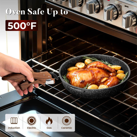 Removable Handle Induction Pots And Pans Set 10 Piece Nonstick Cookware Black Granite in oven with detachable handle