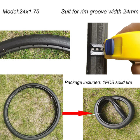 Airless Solid 24x1.75 Bike Tire No Flat Non Pneumatic Puncture Proof Road Bike Tire with installation guide and measuring tape