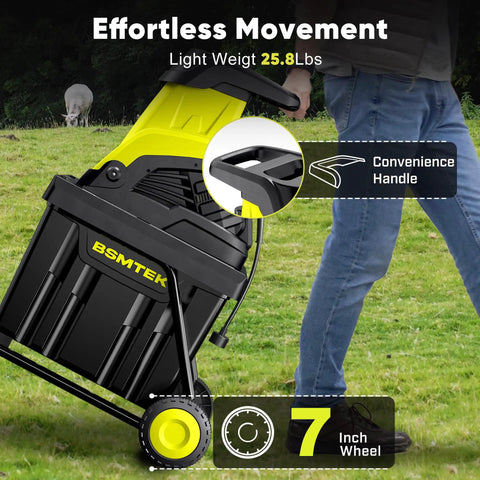 50L Collecting Bin Yard Waste Chipper Shredder With 15 Amp Electric Motor on wheels; person pushing for easy debris cleanup