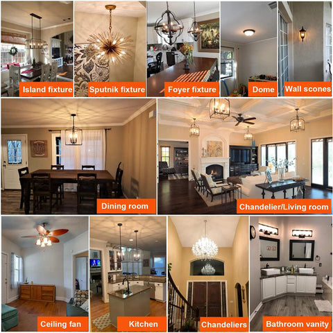Home lighting examples showcasing Dimmable E12 LED Bulb 6W Equal 60W Warm White 2700K in various fixtures and room settings.