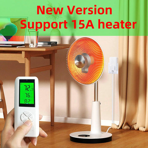 Wireless Temperature Controller Digital Plug In Thermostat Outlet with remote control and heating fan in a room setting.