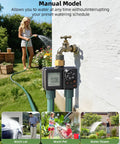Two Zone Sprinkler Timer For Garden Hose With Battery Power, Water Timer attached to outdoor wall faucet, woman using hose