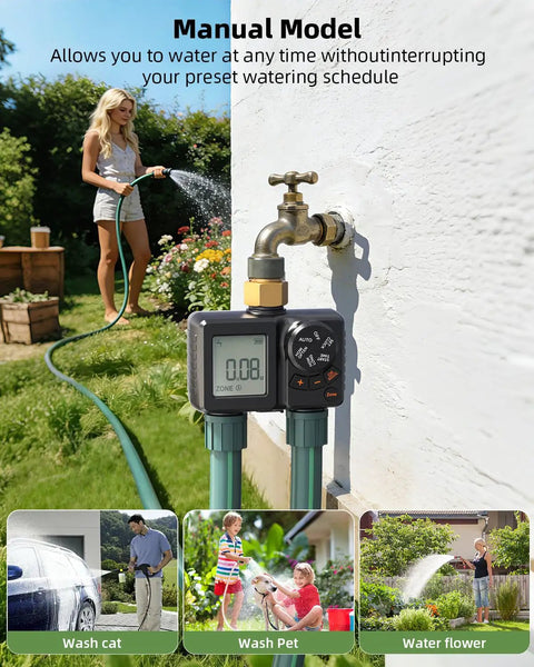 Two Zone Sprinkler Timer For Garden Hose With Battery Power, Water Timer attached to outdoor wall faucet, woman using hose