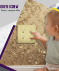 Child touching Screwless Decorator Wall Plate 2-Gang Brushed Gold Outlet Cover, Child Safe And Built To Last Unbreakable Polycarbonate Thermoplastic