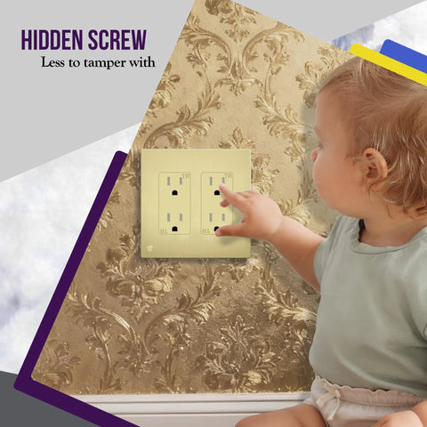 Child touching Screwless Decorator Wall Plate 2-Gang Brushed Gold Outlet Cover, Child Safe And Built To Last Unbreakable Polycarbonate Thermoplastic
