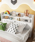 Solid Pine Wood Full Bed With Built In Bookcase Headboard LED Motion Sensor Night Light White Finish And Flexible Guardrails
