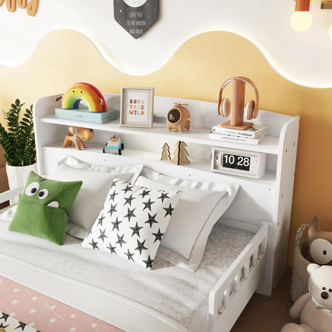 Solid Pine Wood Full Bed With Built In Bookcase Headboard LED Motion Sensor Night Light White Finish And Flexible Guardrails