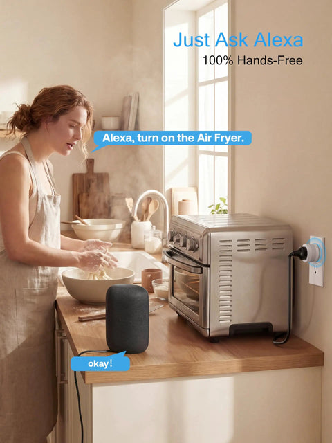 Woman using High Power 15A Smart Plug With Bluetooth And WiFi For Beefy Load Appliances Like Coffee Makers Heaters And ACs Works With Alexa And Google Home Easy Setup Timer And Remote Control FCC And ETL Certified 2.4 GHz WiFi with oven