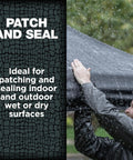 Person using Rugged Heavy Duty Waterproof Repair Tape For Wet And Underwater Surfaces Patch Leaks Indoors Outdoors Black 4 Inch By 5 Foot One Roll to seal a canopy in the rain.