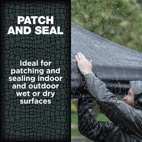 Person using Rugged Heavy Duty Waterproof Repair Tape For Wet And Underwater Surfaces Patch Leaks Indoors Outdoors Black 4 Inch By 5 Foot One Roll to seal a canopy in the rain.