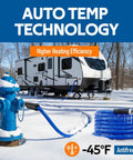 Heated Water Hose For RV And Campers With Ultra Low Temp Protection To Minus 45 Degrees Fahrenheit connected to RV in snowy landscape