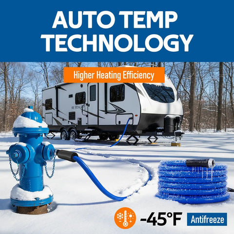 Heated Water Hose For RV And Campers With Ultra Low Temp Protection To Minus 45 Degrees Fahrenheit connected to RV in snowy landscape