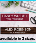 Custom Name Plate for Desk or Door With 14 Color Options 2 by 8 Inches Easy to Personalize Includes Desk or Wall Mount Ideal Office Sign for Teams and New Hires. Two name plate sizes on desk.