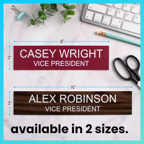 Custom Name Plate for Desk or Door With 14 Color Options 2 by 8 Inches Easy to Personalize Includes Desk or Wall Mount Ideal Office Sign for Teams and New Hires. Two name plate sizes on desk.