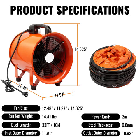 Upgraded 10 Inch Utility Blower Fan With 33 Foot Flexible Duct Hose Portable Industrial Exhaust Vent dimensions and details