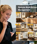 Staff managing multiple locations using 55 Inch 4K Indoor Floor Stand Digital Signage With 1000 Nits Brightness and No Fuss Rolling Base.