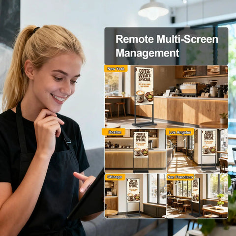 Staff managing multiple locations using 55 Inch 4K Indoor Floor Stand Digital Signage With 1000 Nits Brightness and No Fuss Rolling Base.