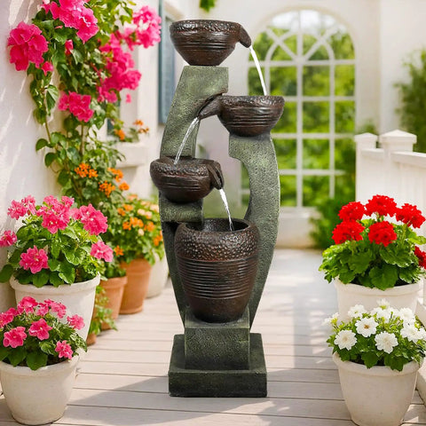 40 Inch Tall Outdoor Water Fountain With 4 Tier Crocks And LED Lights, Premium Resin And Fiberglass Construction in garden setting