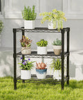 Three-Tier Metal Wire Storage Shelves For Kitchen Garage And Pantry, Adjustable Standing Rack with potted plants, black