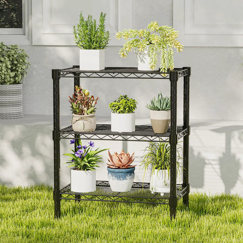 Three-Tier Metal Wire Storage Shelves For Kitchen Garage And Pantry, Adjustable Standing Rack with potted plants, black