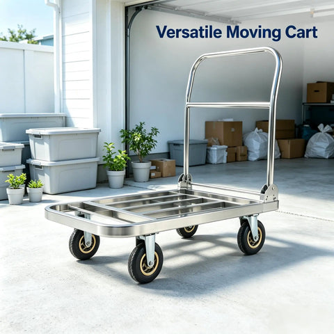 Heavy Duty Foldable Platform Hand Truck With 304 Stainless Steel Frame For Heavy Lifting At The Warehouse Or Garage, Portable Dolly Cart That Rolls Smooth, Rust Proof Scratch Resistant, Space Saving Design, Durable Load Capacity, stainless platform cart in garage