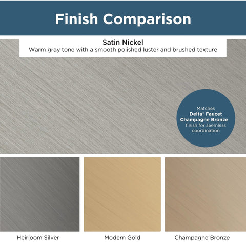 Finish comparison chart showing satin nickel, heirloom silver, modern gold, and champagne bronze tones with brushed texture.