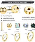 Hypoallergenic Titanium Earrings For Sensitive Ears With 14K Gold Plated Opal Ball CZ Heart Flat Back For Women And Men All Day Comfort And Everyday Wear Small Surgical Steel Flatback Stud Hoop Cartilage Earring Set Designed For Multiple Piercings, 20G 6-10mm
