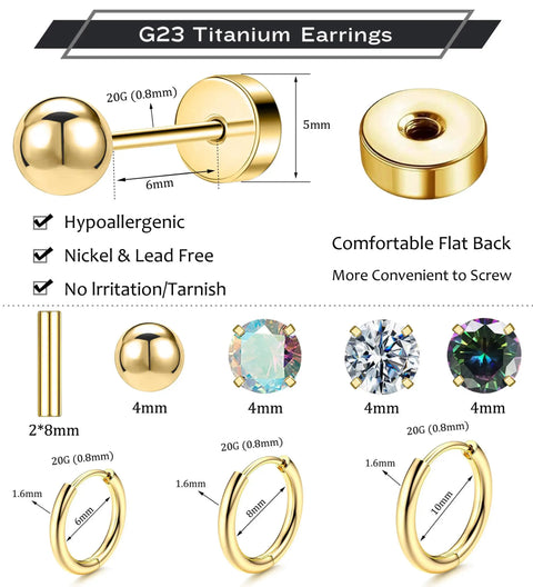 Hypoallergenic Titanium Earrings For Sensitive Ears With 14K Gold Plated Opal Ball CZ Heart Flat Back For Women And Men All Day Comfort And Everyday Wear Small Surgical Steel Flatback Stud Hoop Cartilage Earring Set Designed For Multiple Piercings, 20G 6-10mm
