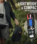 Man holding 21 Piece Camping Cooking Set for Outdoor Meals, Lightweight, Compact, Heat Resistant and Dishwasher Safe, Black case.