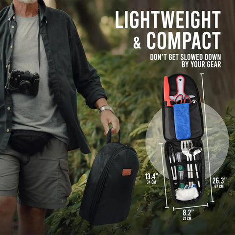 Man holding 21 Piece Camping Cooking Set for Outdoor Meals, Lightweight, Compact, Heat Resistant and Dishwasher Safe, Black case.