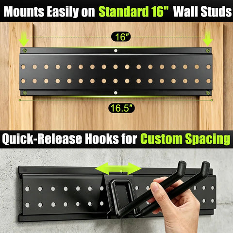 Garage Tool Organizer Wall Mount System with 99 inch heavy duty construction, 18 adjustable hooks, mounting on 16 inch studs